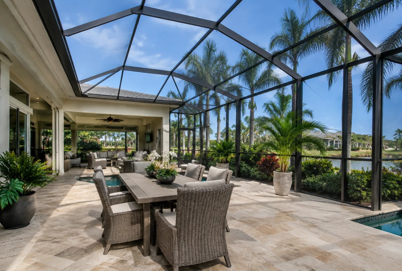 Illustrative screened patio enclosure with an open screen roof and outdoor dining table