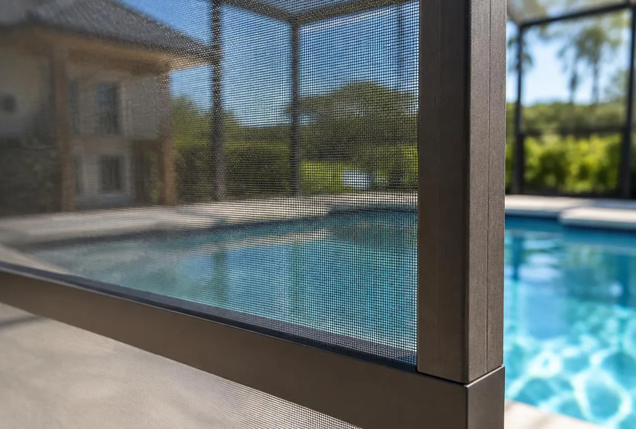Close view of new charcoal screen mesh in a bronze aluminum frame