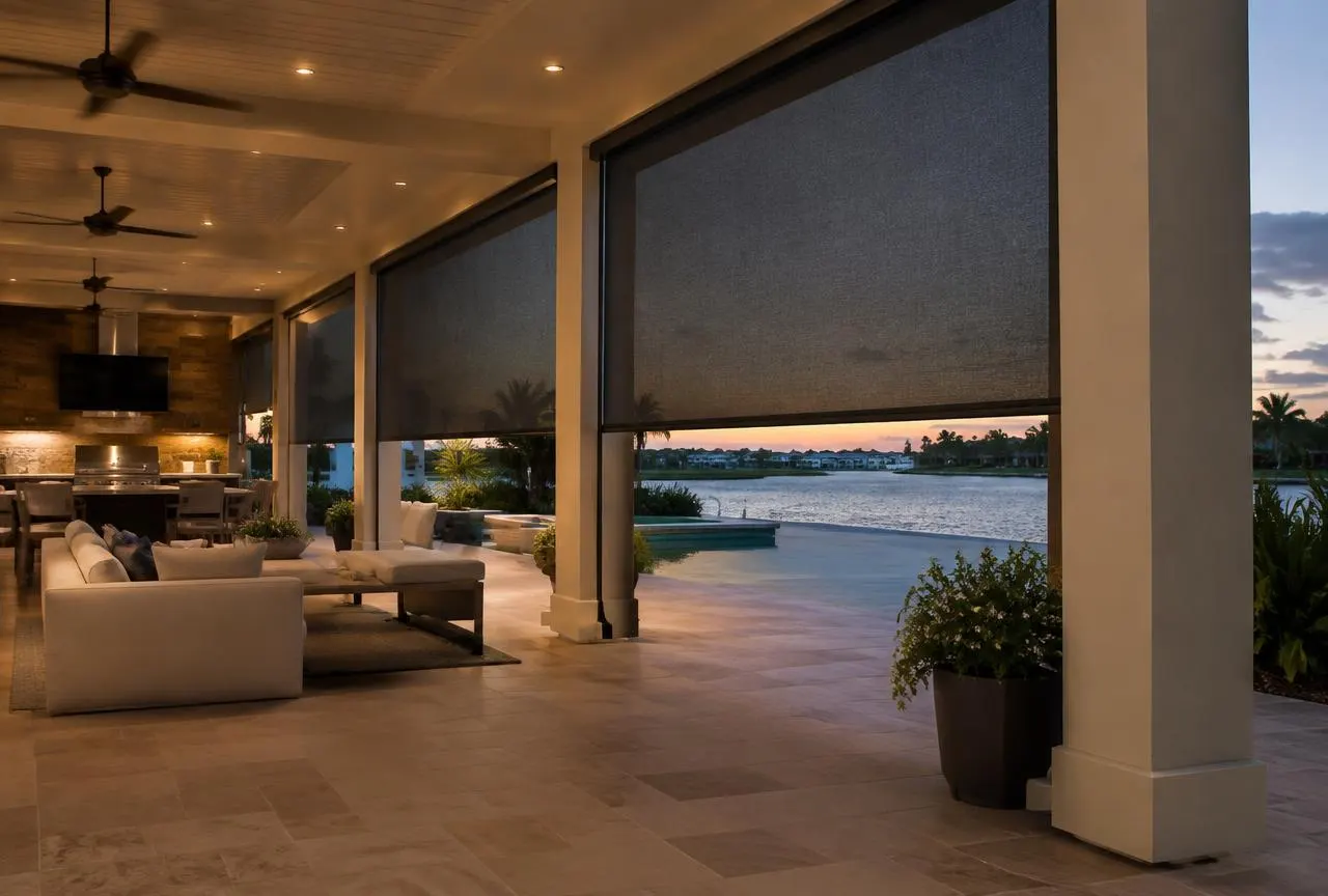 Retractable motorized screens lowered across a luxury outdoor living room at dusk