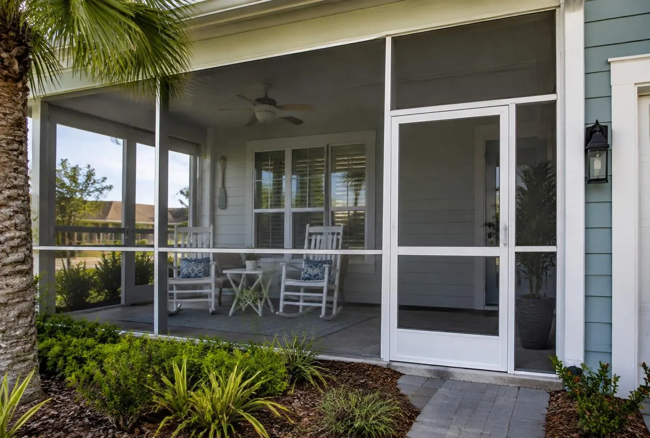 Screened front porch with white rocking chairs and a screen door