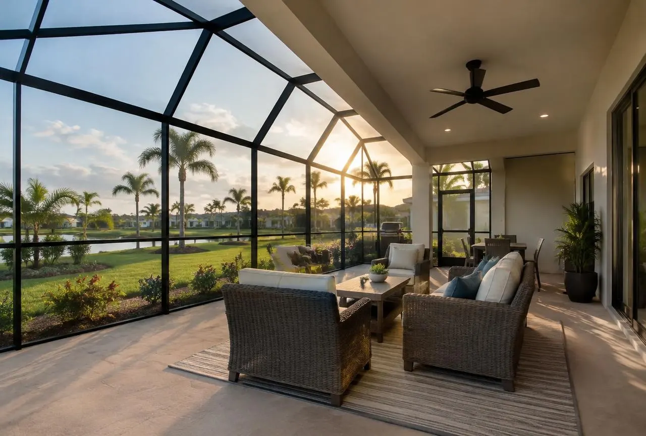 Screened lanai with wicker seating and a ceiling fan overlooking a lake